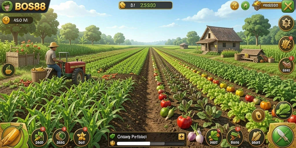 Tampilan gameplay BOS88 yang menggambarkan pertanian yang ramai dan berwarna.